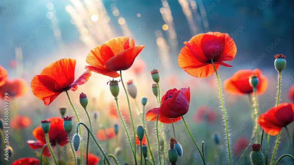 Fototapeta premium Softly glowing red poppy flowers sway gently in the morning mist, their delicate petals dancing in the dewy air, morning