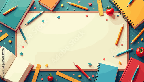 School supplies flat lay on blank board with copy space