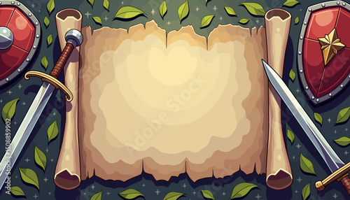 Medieval scroll with swords and shield on dark background with copy space