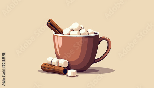 Hot chocolate with marshmallows and cinnamon sticks, for food blogs, with copy space