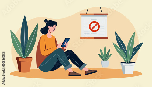 Woman with cellphone indoors near plants and a prohibition sign for blogs, websites, and awareness