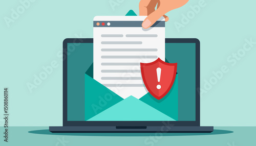 Hand inserting web page into an email on a computer with a security shield, for blogs