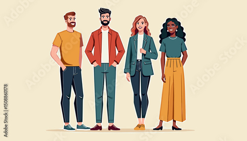 Four diverse adults smiling, standing on beige backdrop for company website