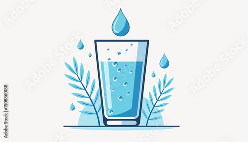 Glass of water and leaves for healthy lifestyle concepts, with copy space