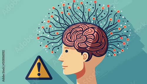 Conceptual image of a head with a brain and an exclamation mark warning, for blogs and websites.