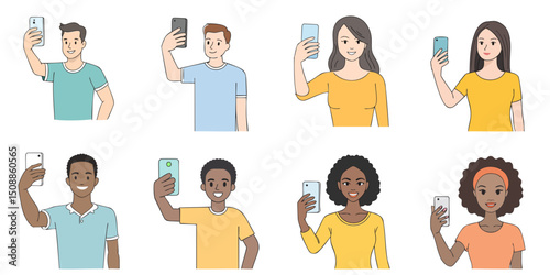 Multiple vector illustrations of people taking photos with smartphones, outline