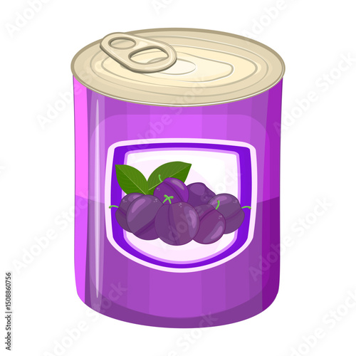 Plum tin can isolated on white background. Canned, marmalade of red or blue plums in metallic can package. Preserve food with cut, chopped, freshly squeezed, whole or slice plums. Tinned berry jam. St