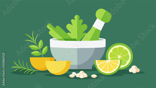 A mortar and pestle being used to grind together fresh herbs like parsley and cilantro along with garlic and lemon juice for a robust and zesty chimichurri sauce.. Vector illustration