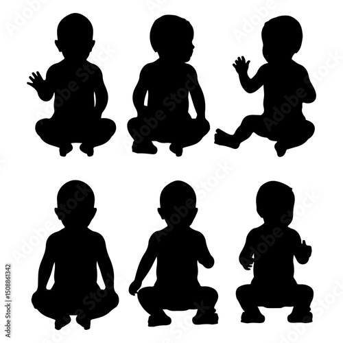 Set of baby silhouettes sitting in different poses on isolated