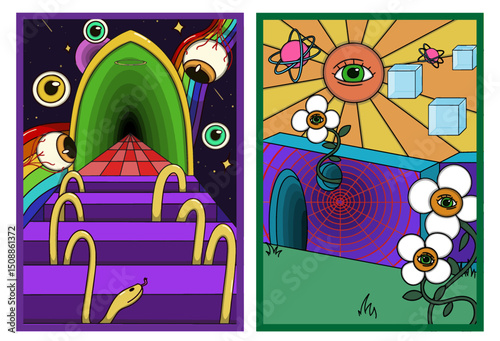 Psychedelic poster set with surreal eyes, colorful tunnels, geometric shapes, optical elements, blooming flowers, vibrant gradients, and trippy dreamlike landscapes in bold retro style.
