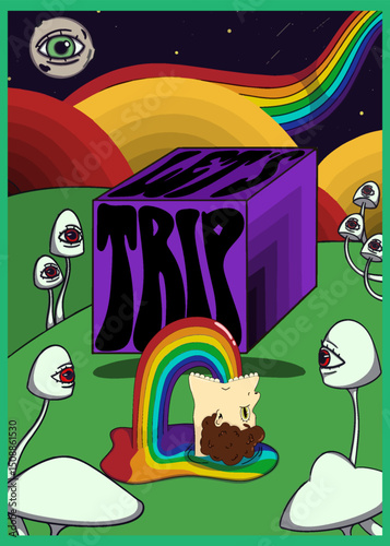 Psychedelic poster with a purple cube and distorted text lets trip, surreal mushrooms with eyes, rainbow sky, cosmic background, and a floating head vomiting a colorful rainbow stream.
