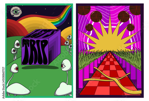 Psychedelic poster set featuring a purple cube with distorted lets trip text, surreal red tiled floor, cosmic star symbol, vibrant colors, and bold retro dreamlike visuals.