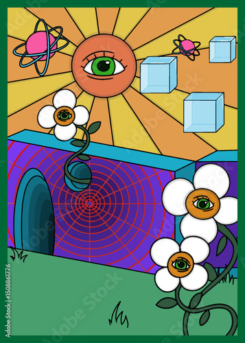Psychedelic abstract illustration with eye-flowers, an all-seeing sun, and a mysterious wall in the center, surrounded by vibrant colors and surreal dreamlike elements.