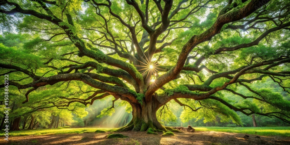 Fototapeta premium Close-up of a majestic oak tree in a lush green forest with gnarled branches and leaves, set against a soft, dappled light filtering through the canopy above , trees, nature