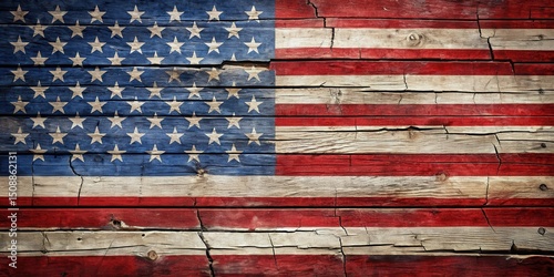 American flag with cracks on rustic wooden background , Wooden Furniture