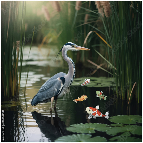 natural scenery wetland water lily heron kans grass fish 8.eps