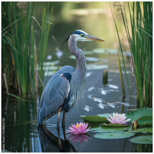 natural scenery wetland water lily heron kans grass fish 9.eps