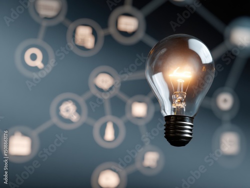 A glowing light bulb floats in front of a blurred network of digital icons, symbolizing innovation and interconnected ideas.