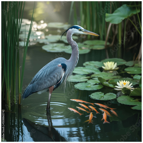 natural scenery wetland water lily heron kans grass fish 4.eps
