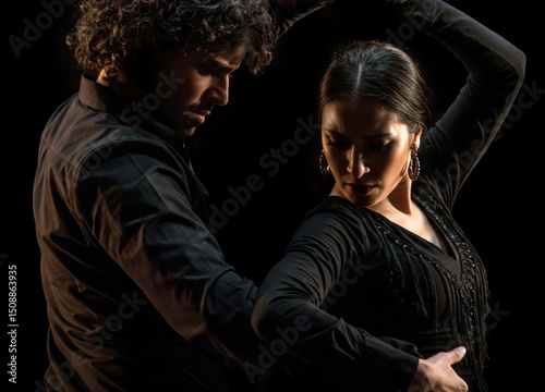Focused flamenco dance couple in black passionately perform a traditional dance routine, highlighting expression, control, and dramatic movement.