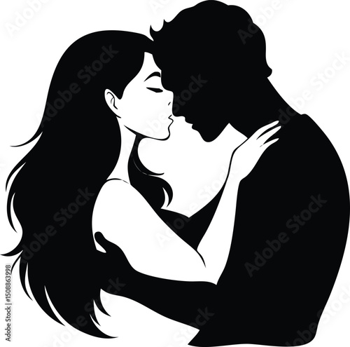 Romantic couple silhouette tender embrace love