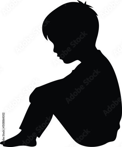 Sad child silhouette sitting alone isolated