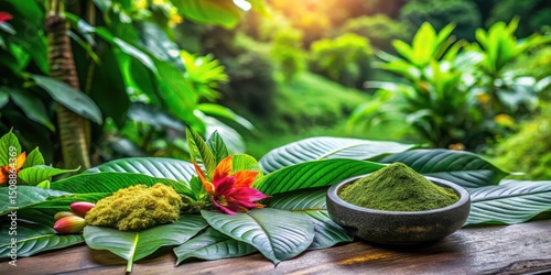 Fototapeta Naklejka Na Ścianę i Meble -  Dense foliage of tropical forest in Bali Indonesia with Kratom powder displayed on black stone surrounded by lush greenery and colorful flowers, bali indonesia, kratom powder