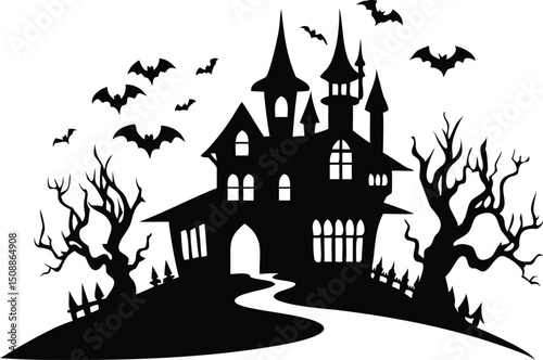 Spooky halloween haunted house bats silhouette