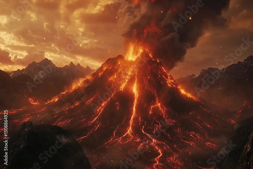 The fiery eruption of a volcano, showcasing rivers of glowing lava, and dramatic, smoky skies.
