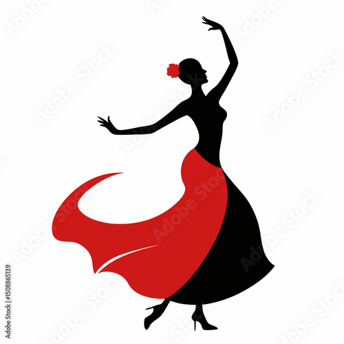 Elegant Flamenco Dancer Silhouette with Flowing Dress Spanish Culture Passionate Dance Artistic Vector Illustration for Design Projects