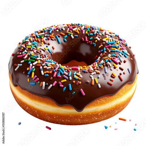 Indulgent chocolate frosted donut topped with colorful sprinkles delightfully displayed on a bright surface, Transparent Background PNG