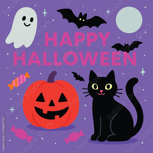 Happy Halloween Haunt Ghost Pumpkin Black Cat Print Design in Vector