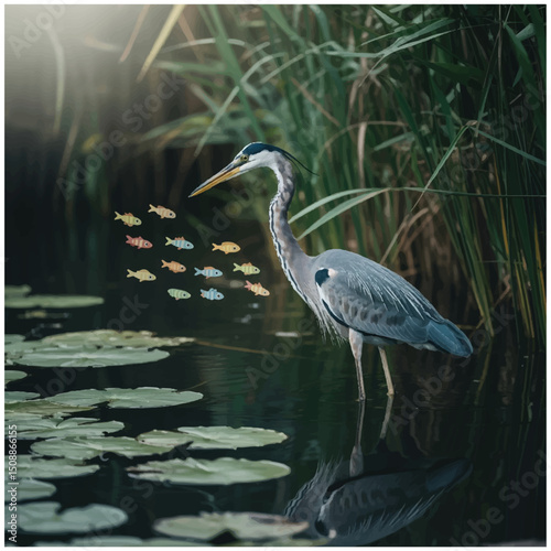 natural scenery wetland water lily heron kans grass fish.eps