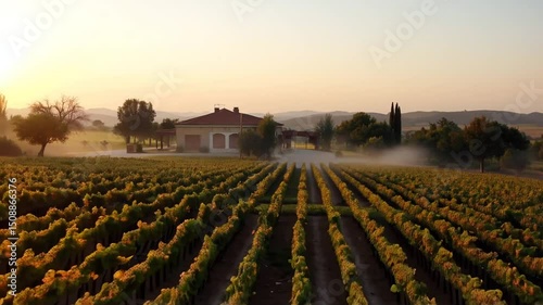 Vineyard at Sunrise with Mist Rolling Through Farm Field Aerial