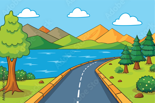 Scenic roadside landscape with lake and mountains