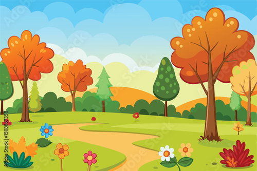 Autumn park scene with winding path, transparent background