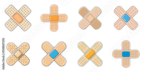 Multiple vector illustrations of bandages, outline