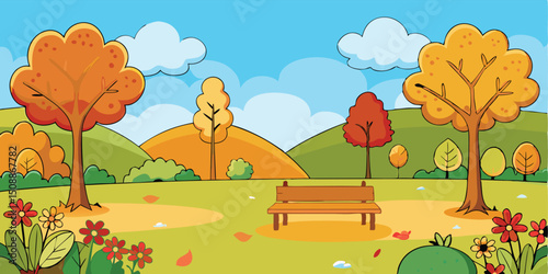 Autumn park scene with bench, clean cutout, transparent background