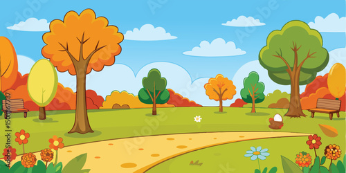 Autumn park scene with benches and transparent background