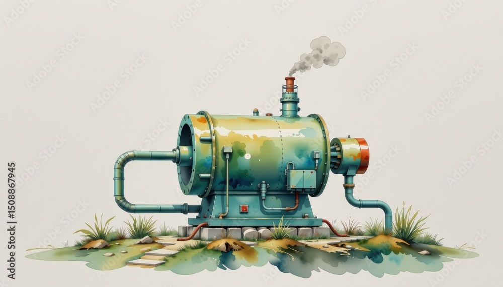 Fototapeta premium Watercolor painting of an antique water pump, rustic charm in vintage style