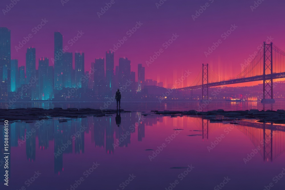Obraz premium Purple cityscape reflecting on water with bridge and silhouetted figure