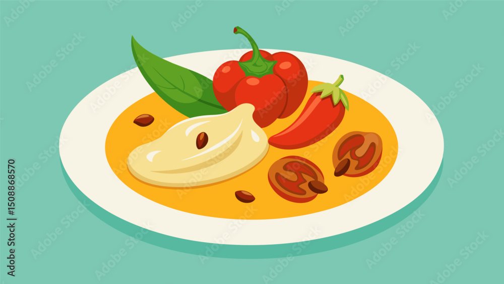A fusion of textures and flavors in one plate the heat of the roasted peppers the crunch of toasted walnuts and the richness of the creamy sauce.. Vector illustration