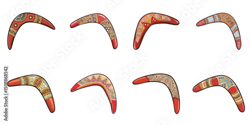 Multiple vector illustrations of boomerangs, outlines