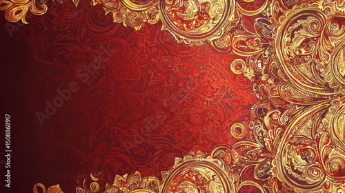 Intricate Gold and Red Baroque Frame Vector with Ornate Scrolls and Copy Space for Text
