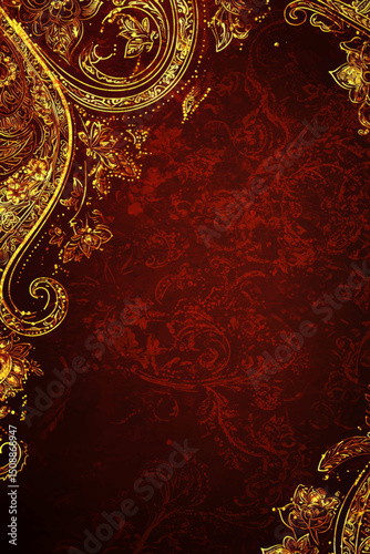Intricate Gold and Red Baroque Frame Vector with Ornate Scrolls and Copy Space for Text