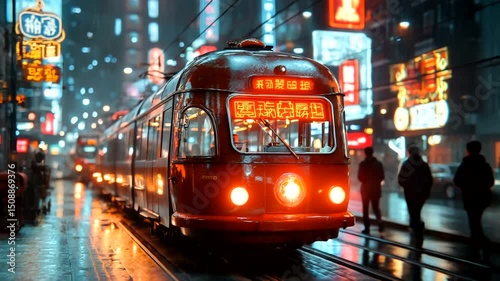 Wallpaper Mural Red tram in a rainy city street at night Torontodigital.ca