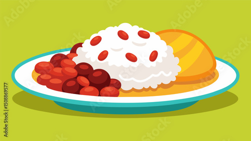 A hearty and satisfying meal with a mound of white rice adorned with a scoop of red beans cooked to perfection and a side of juicy and flavorful chicken.. Vector illustration