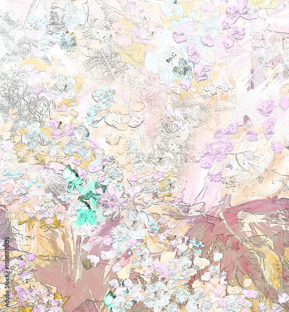 Naklejka premium Beautiful design background.The painting is in the Impressionist style. Dabs of paint, a swirl of petals in the wind. Beautiful art design for your card, invitation, design. Watercolor, oil painting.