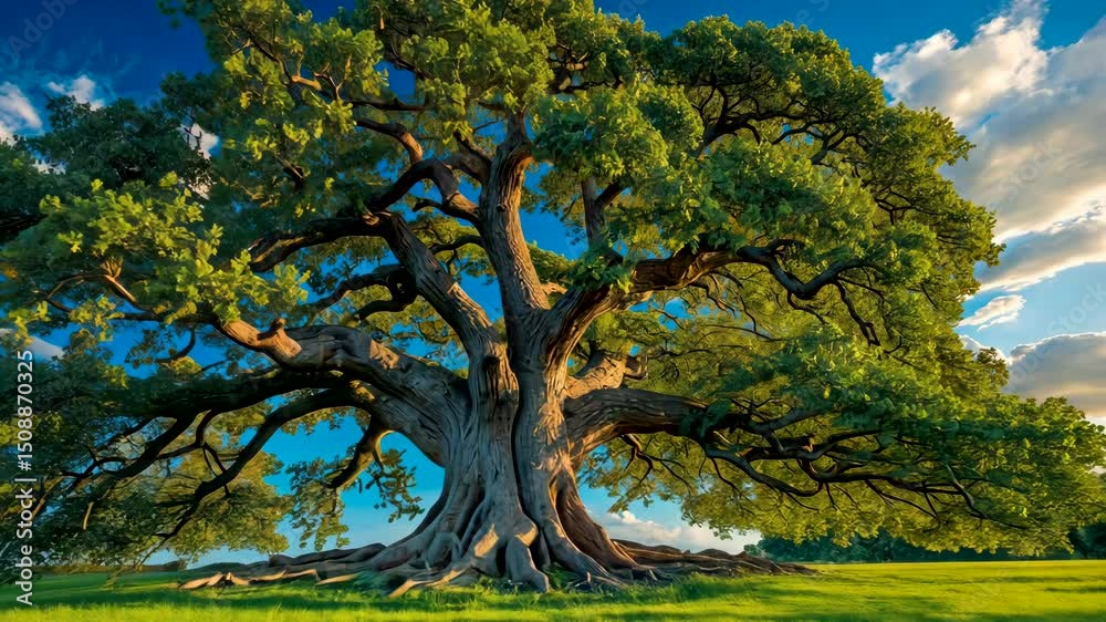 Massive ancient oak tree with thick branches spreading under blue sky in wide grassy field