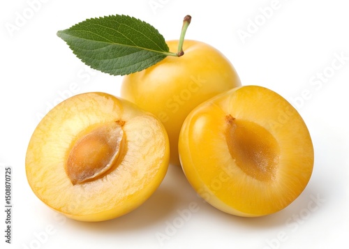 Yellow Plum Fruit Closeup Photo of a Ripe Mirabelle Plum with a Cut Piece
